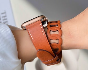 Double Tour Band For Apple Watch Bands 38mm 40mm 41mm 42mm 45mm 49mm, Genuine Leather Watch Band For Women, iWatch Series 9 8 7 6 SE Bianco