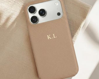 Personalisierte Kieselstein Leder iPhone Hülle, kundenspezifische Telefonhülle für iPhone 17 16 15 14 13, Monogramm gravierte Initialen echtes Leder Telefonabdeckung