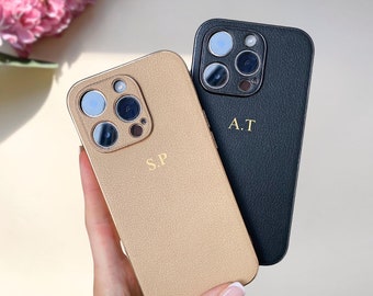 Personalized Leather Case for iPhone 17 Pro Max, iPhone 16 15 14 Pro, Phone Case Initials Engraving, Monogram Leather Phone Cover, Gift For