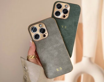 Personalized Suede Case for iPhone 14 Pro iPhone 13 Phone case  with Monogram Initials Engraved/ Unique Lambskin case/ Gift idea for her