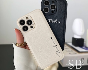 Étui en cuir personnalisé pour iPhone 15 Pro Max iPhone 14 iPhone 13 Pro, étui pour iPhone personnalisé avec monogramme nom initiales, cadeau d'un ami pour elle