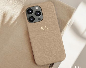 Personalised Pebble Leather iPhone Case, Custom Phone case for iPhone 16 15 14 13, Monogram Engraved Initials Genuine Leather Phone cover