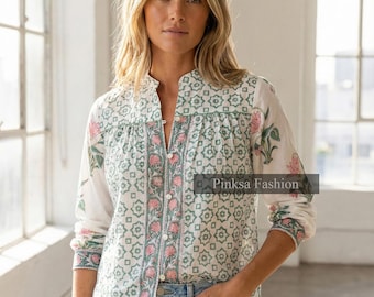 Green & Pink Block Print Cotton Top | Boho Floral Long Sleeve Blouse | Artisan Summer Tunic