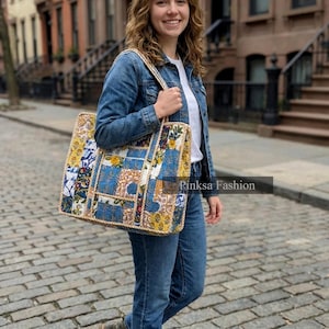 Handmade Cotton Patchwork Tote Bag, Large Quilted Travel Bag with Zipper