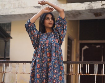 Hand Block Printed Cotton Gauze Dress | Floral Summer Dress
