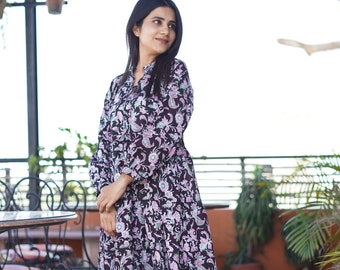 Hand Block Printed Cotton Dress, Indian Floral Long Gown