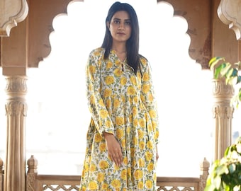 Hand Block Printed Cotton Dress, Indian Floral Long Gown