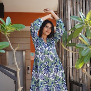 Hand Block Printed Dress, Block Print Dress, Indian Tunics, Hand Printed Dress, Indian Cotton Long Gown, Indian Cotton Dress, Printed Dress image 1