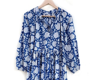 Hand Block Printed Cotton Dress | Floral Summer Gown, Made in India