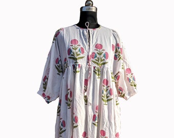 Handmade Cotton Gauze Dress | Floral Block Print, Made in India