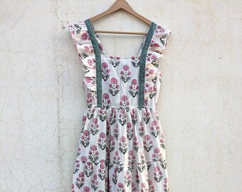 Hand Block Printed Cotton Dress | Floral Tiered Summer Dress