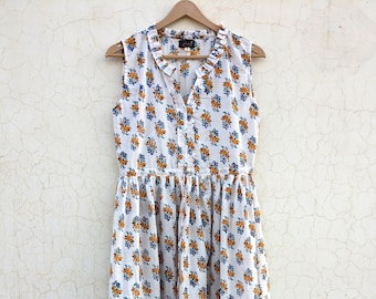 Hand Block Printed Cotton Dress | Floral Summer Sleeveless Dress