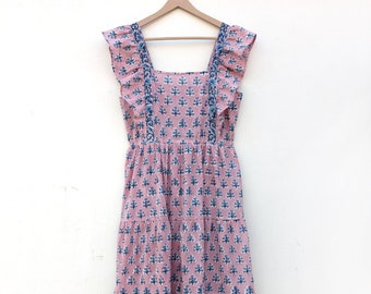 Handmade Block Print Cotton Gauze Dress | Floral Tiered Sundress