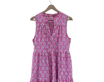 Handblock Print Cotton Summer Dress, Sleeveless Tiered Dress