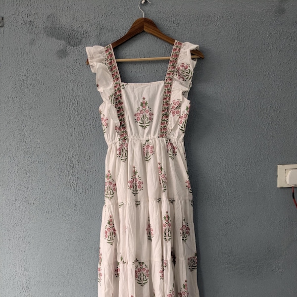 Hand Block Printed Cotton Summer Dress | Floral Tiered Dress
