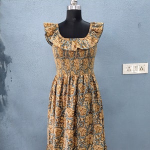 Handblock gedrucktes langes Maxikleid der Sommerabnutzung, Gedrucktes Blumensommerkleid