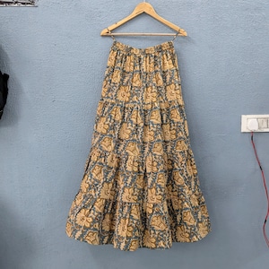Falda de algodón con estampado de bloques de mano, falda de algodón india, faldas de algodón con flores, falda larga étnica para mujer, vestido de verano