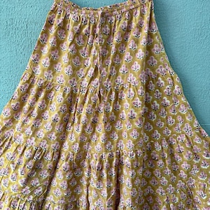 Falda de algodón india, falda de algodón con estampado de bloques de mano, faldas de algodón con flores, falda larga étnica para mujer, vestido de verano