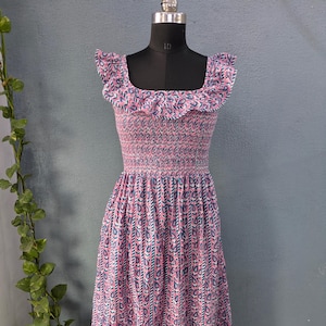 Hand block printed summer wear long maxi dress, Printed Floral Summer dress.Frill flutter sleeve dress .Printed Floral Summer Cotton Dress