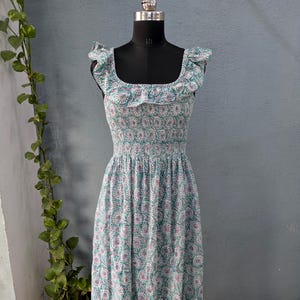 Hand block printed summer wear long maxi dress, Printed Floral Summer dress.Frill flutter sleeve dress .Printed Floral Summer Cotton Dress