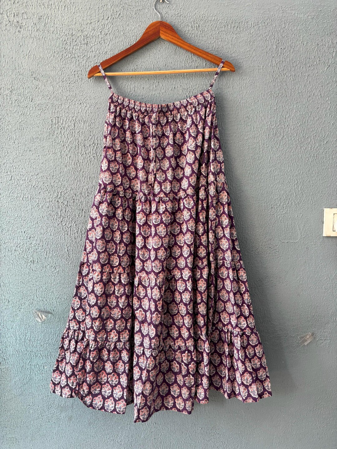 Brown - Hand Block Printed Cotton Long Bagru Skirt 07