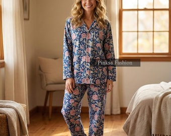 Handmade Floral Print Cotton Pajama Set – Women's Comfortable Sleepwear