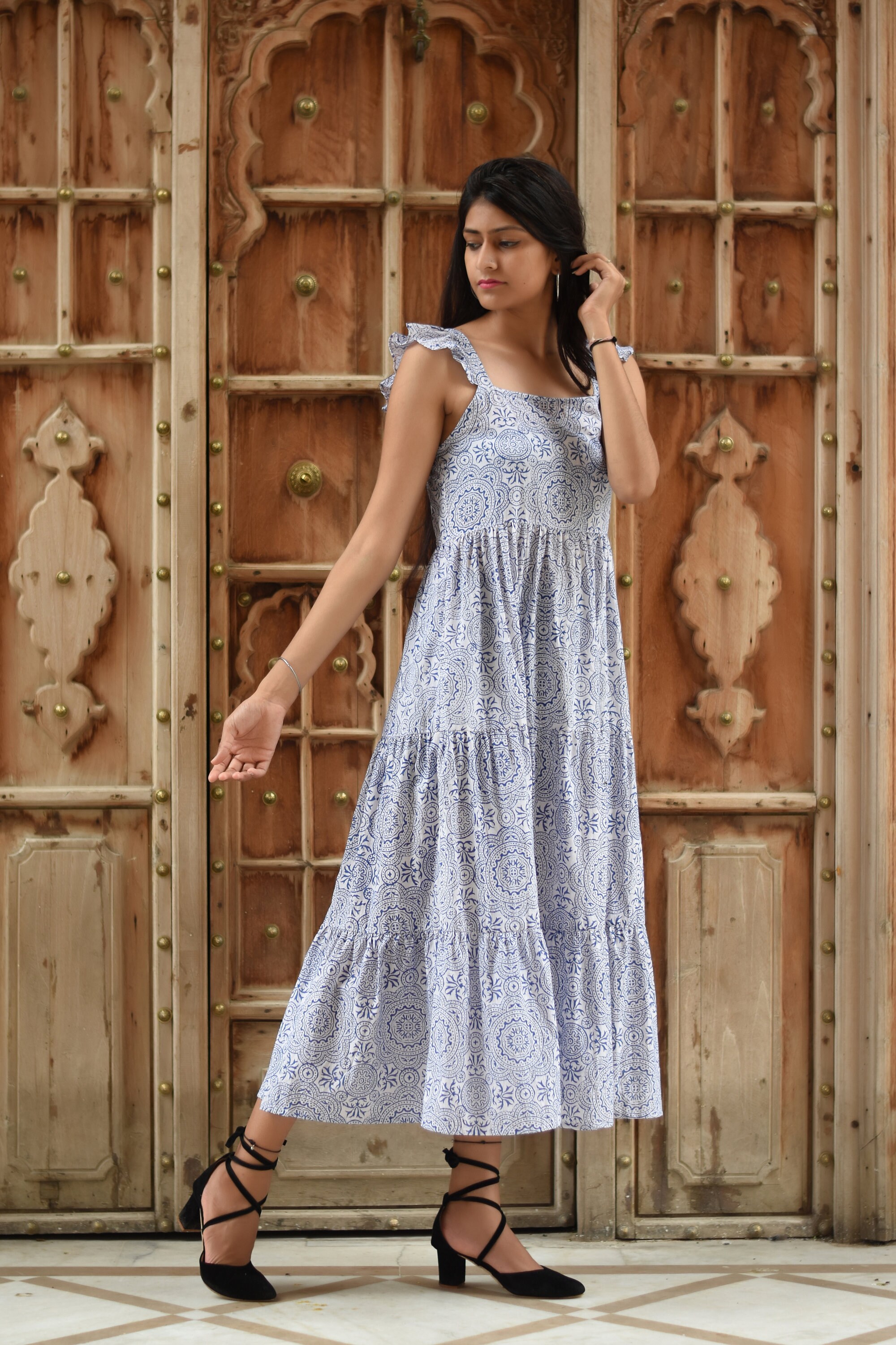 White - Designer! Block Print Cotton Unstitched Dress Material with Jewellery Set 08