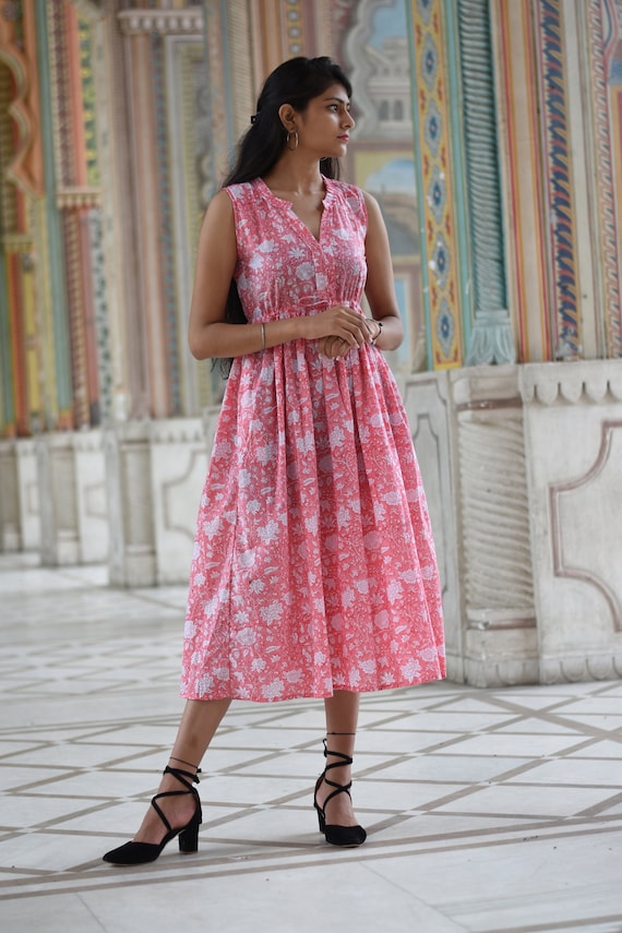 Pastel Blue Cotton Dress, Handblock Blue Floral Cotton Dress for