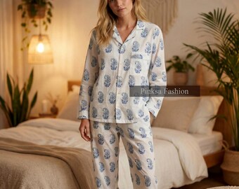 Hand Block Printed Cotton Pajama Set, Women's Nightwear