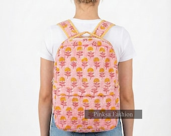 Mochila acolchada con estampado floral rosa, bolso de viaje con estampado bohemio de algodón, mochila ligera para uso diario.