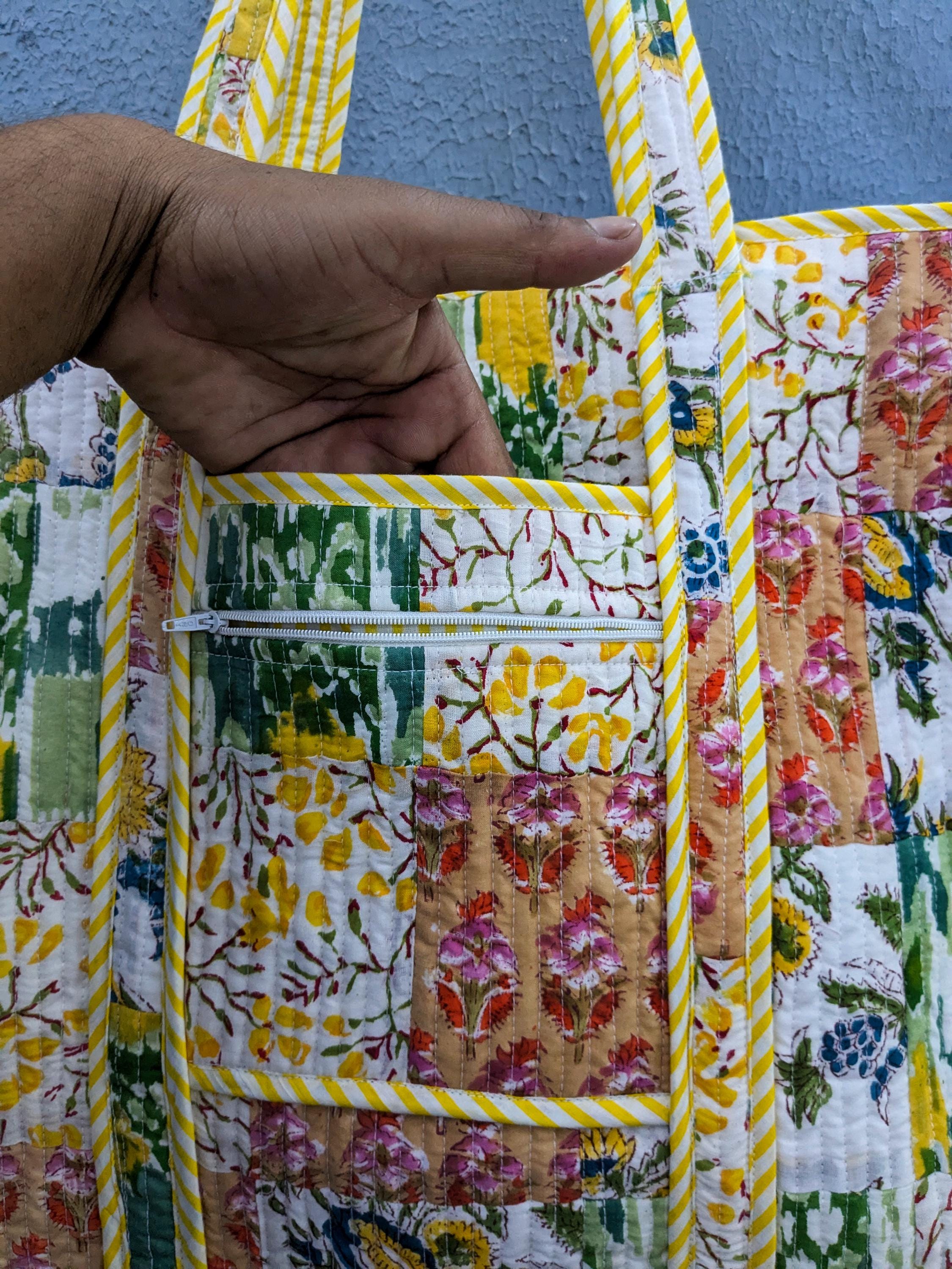 Sac Fourre-tout En Coton Matelassé Imprimé à La Main - Artisanat Indien, Grand Format Multicolore, Fait Main