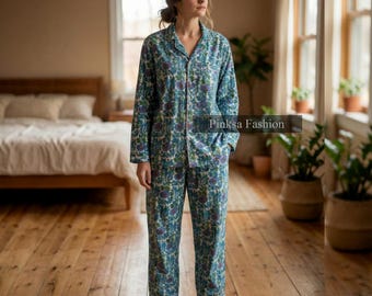 Handmade Floral Cotton Pajama Set: Long Sleeve Block Print Sleepwear