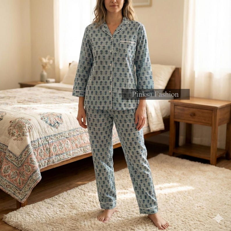 Blue Floral Hand-Block Printed Cotton Night Suit 100% Cotton Pajama Set Sleepwear for Women image 6