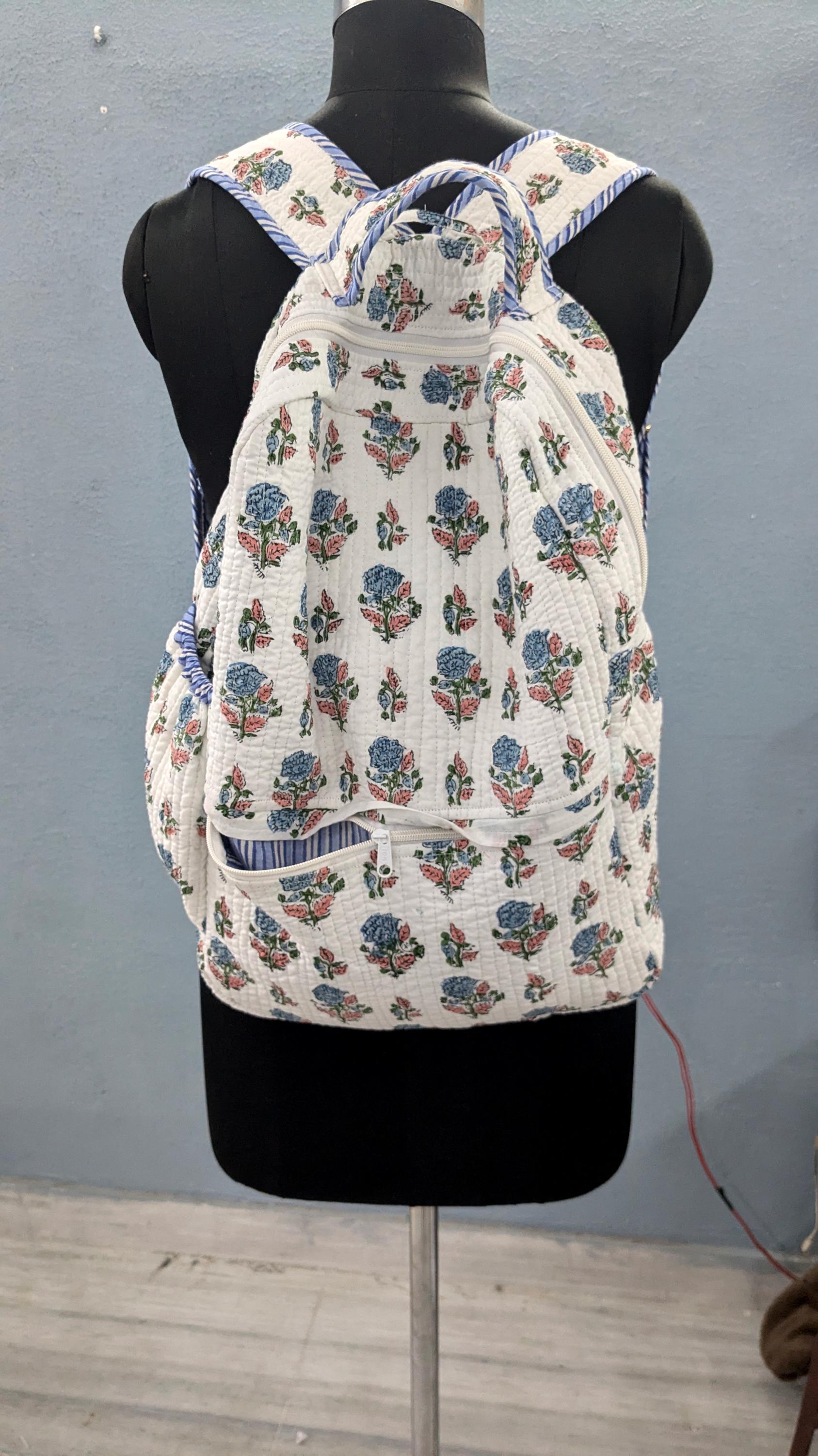 Handmade Cotton Quilted Travel Shoulder Backpack with Cute Print,Stylish. Handmade Cotton Quilted Backpack: Block Print Travel  main image 2