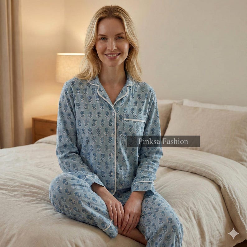 Blue Floral Hand-Block Printed Cotton Night Suit 100% Cotton Pajama Set Sleepwear for Women image 4