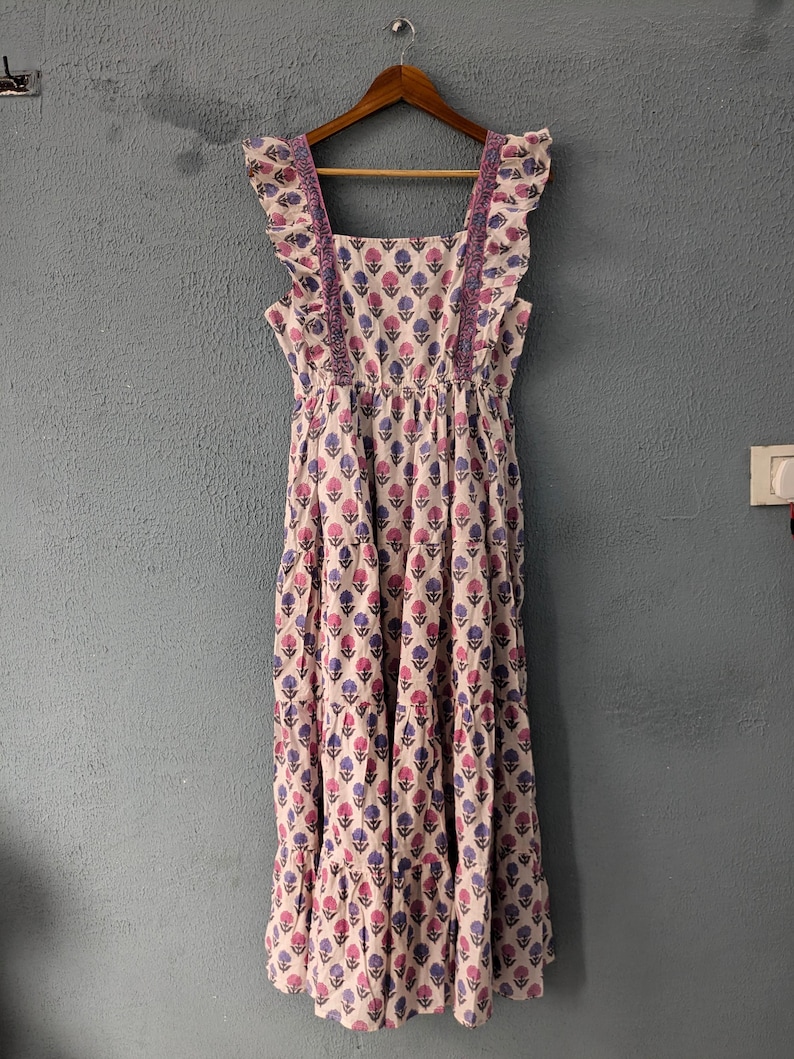 Hand Block Printed Cotton Summer Dress | Floral Tiered Gauze image 2