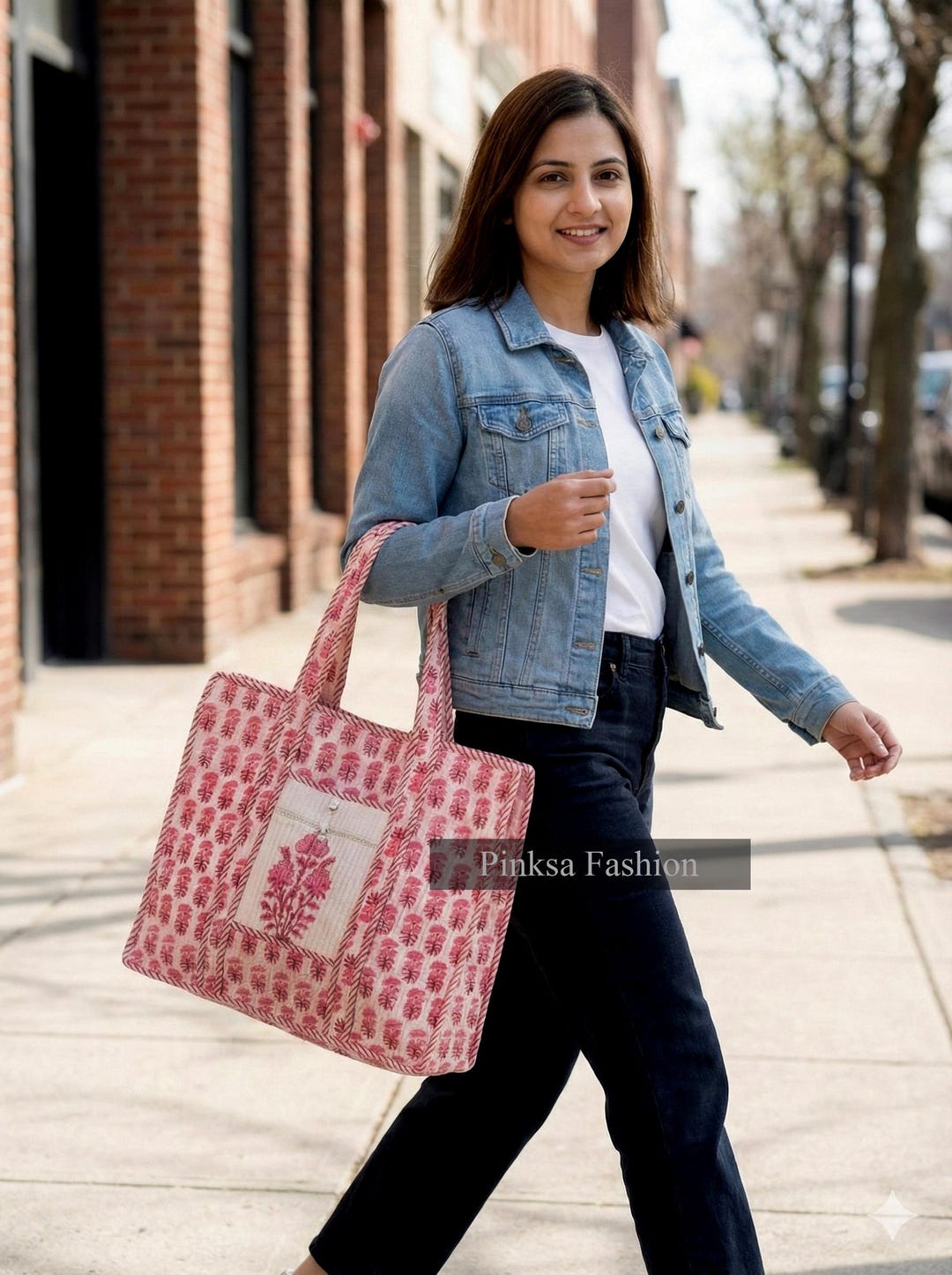 Handmade Quilted Cotton Tote Bag - Pink Floral Jaipur Block Print ...