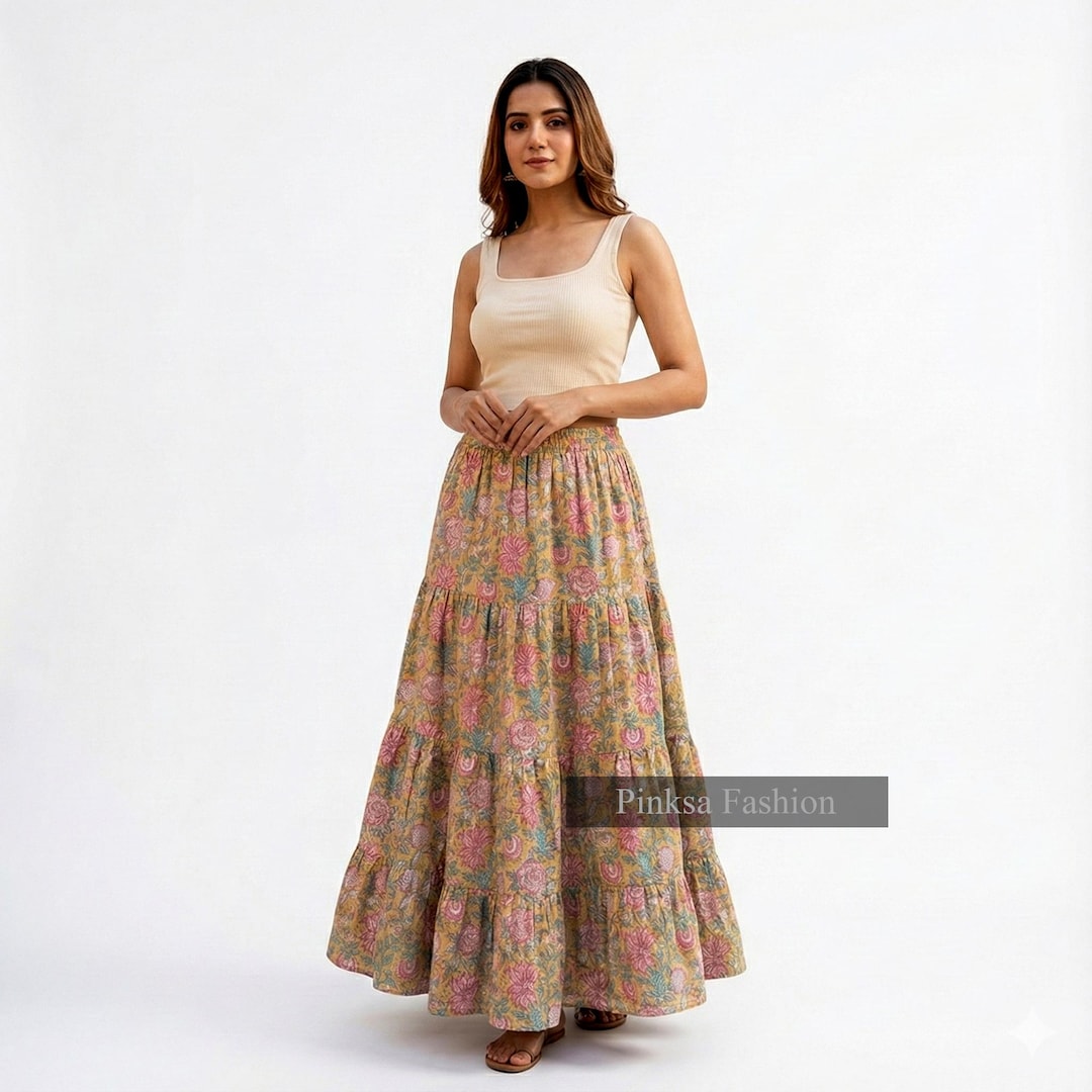 【新品】Fabindia ブロックプリント 綿マキシスカート サイズ調整可 インドの花柄ブロックプリントマキシスカート、伸縮性のあるウエストの