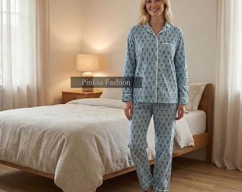 Blue Floral Hand-Block Printed Cotton Night Suit 100% Cotton Pajama Set Sleepwear for Women