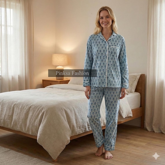 Blue Floral Hand-Block Printed Cotton Night Suit 100% Cotton Pajama Set Sleepwear for Women