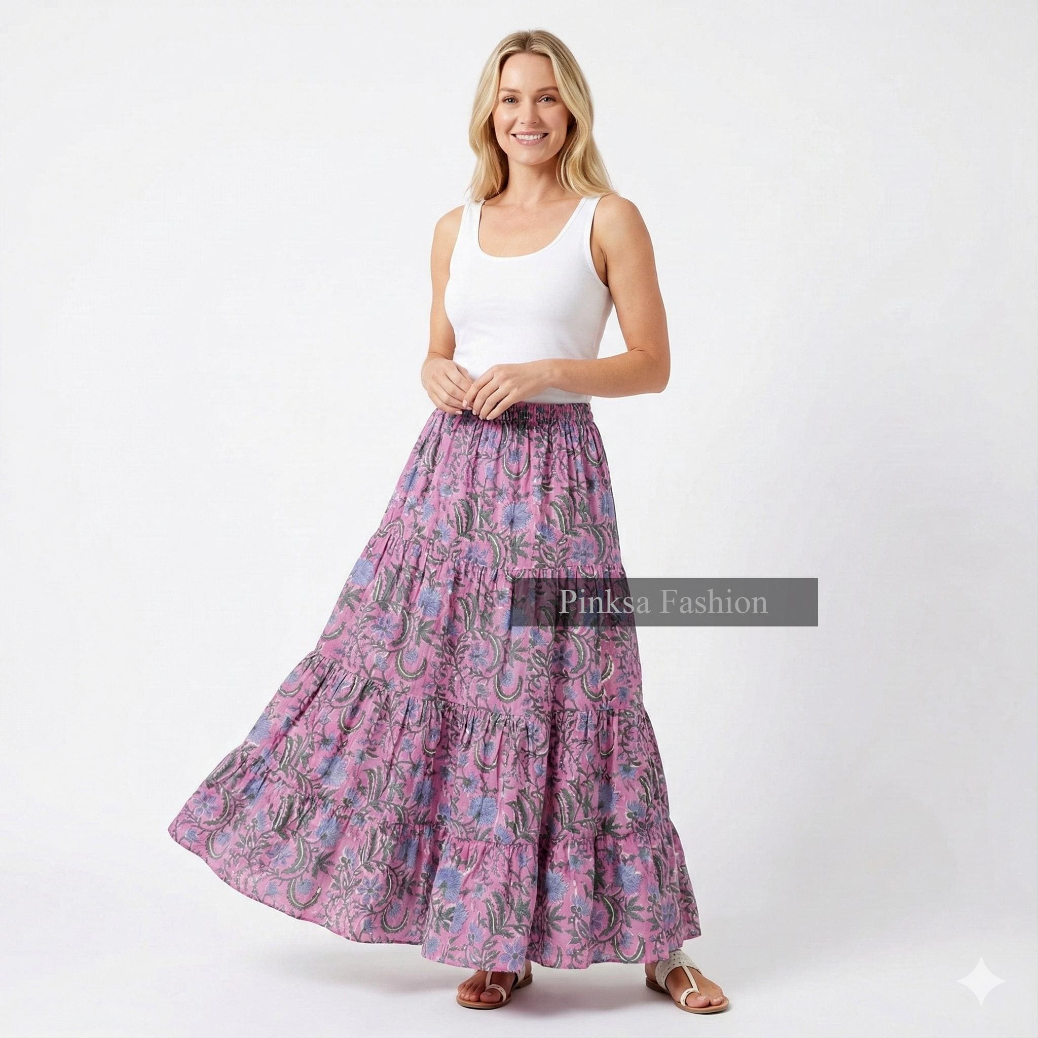 Indian Hand Block Print Skirt, Boho Tiered Maxi Summerskirt