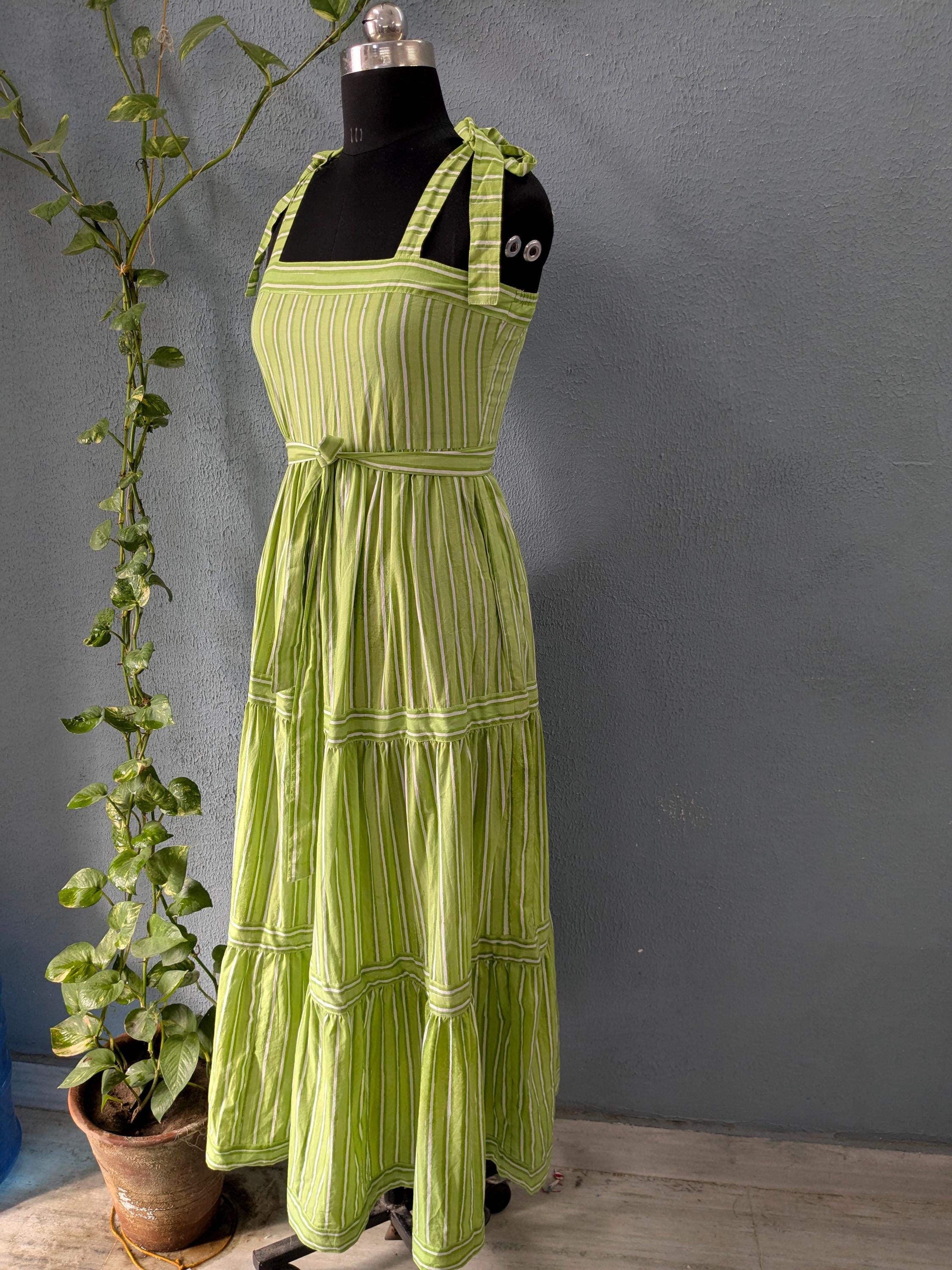 ブロックプリントコットンマキシドレス、調節可能なストラップ、夏の