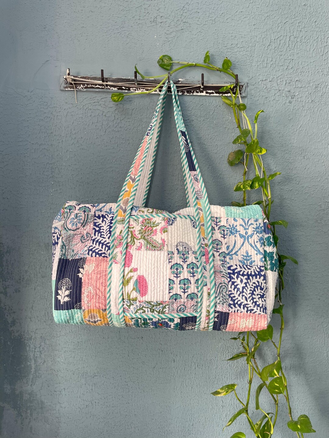 Patchwork Weekends Handprint Floral Patchwork Duffle Bag - Quilted Cotton Weekend Tote - Etsy