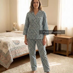 Blue Floral Hand-Block Printed Cotton Night Suit 100% Cotton Pajama Set Sleepwear for Women image 3