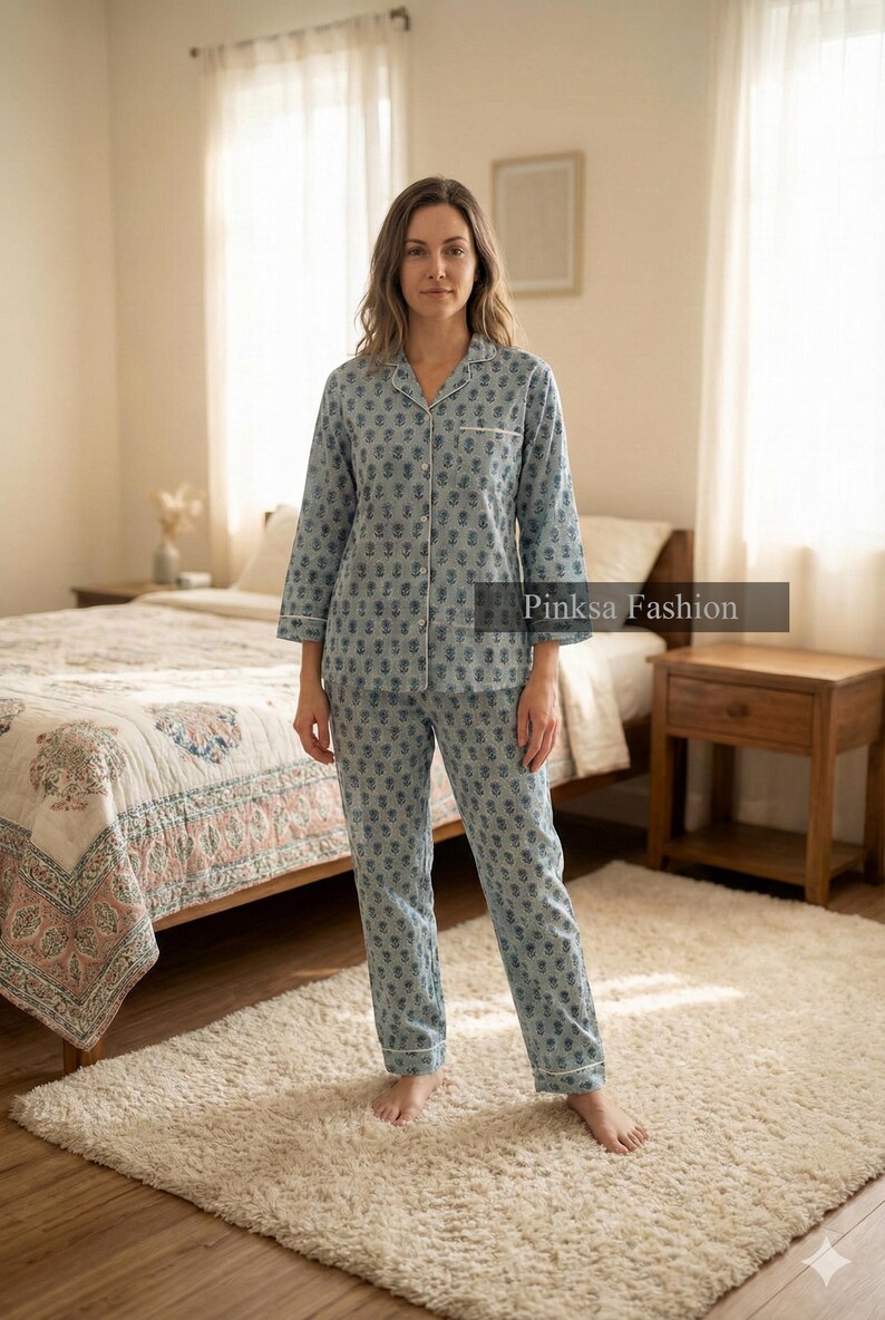 Blue Floral Hand-Block Printed Cotton Night Suit 100% Cotton Pajama Set Sleepwear for Women image 3