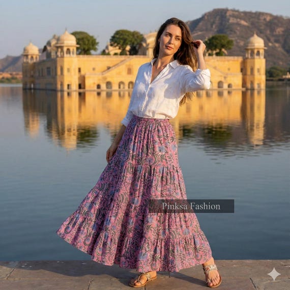 L'Appartement　INDIAN LONG SKIRT Indian Hand Block Print Skirt, Boho Tiered Maxi Summerskirt