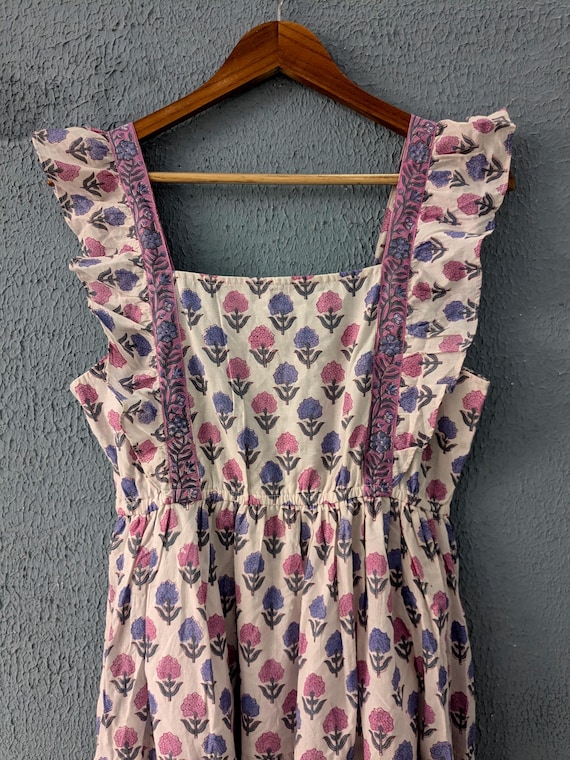 Hand Block Printed Cotton Summer Dress | Floral Tiered Gauze