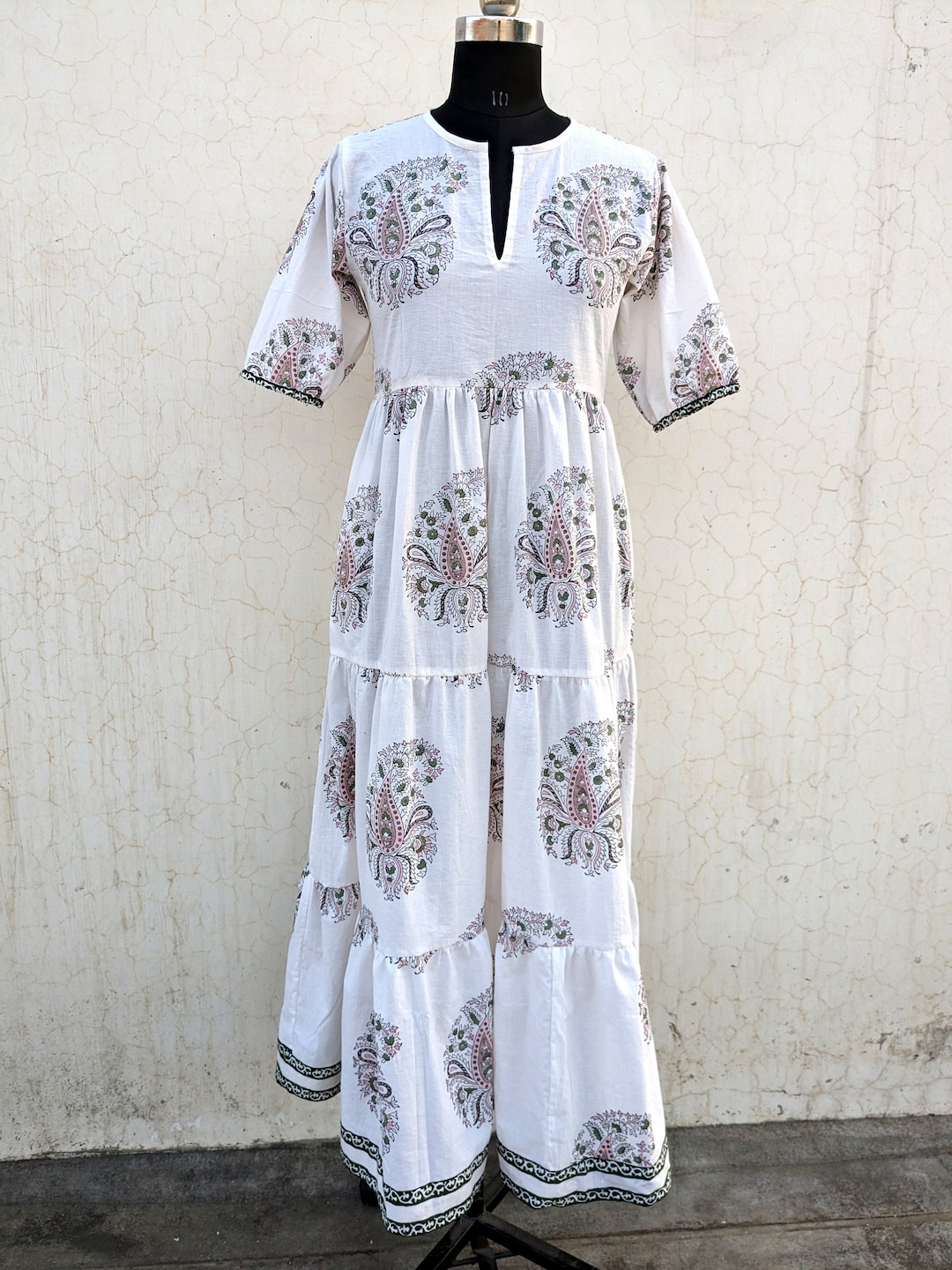 Blue Grey Floral Hand Block Printed Cotton Mini Dress – Puff Sleeve Boho Indian Dress main image 1