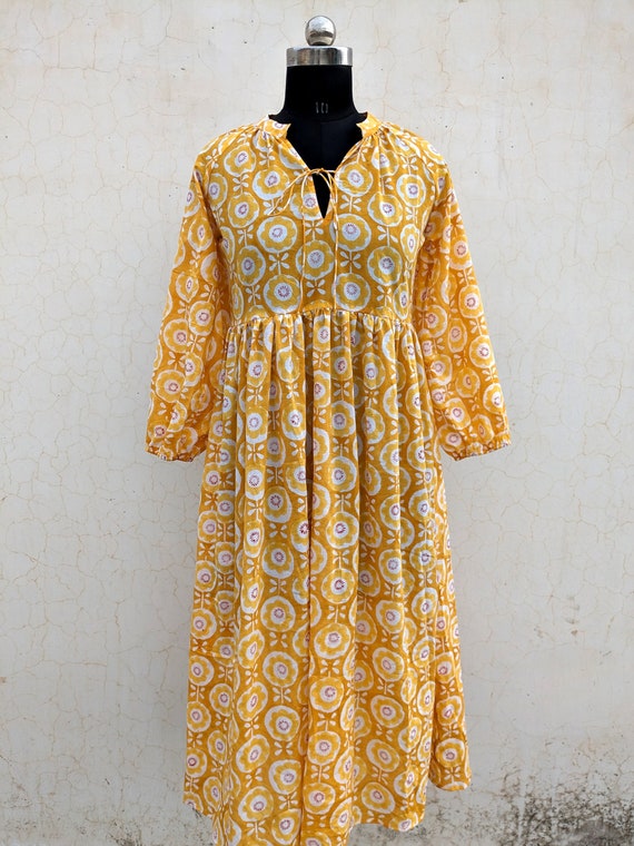 Hand Block Printed Cotton Dress | Floral Summer Gown
