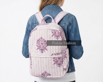 Mochila de viaje/bolso escolar/universitario para mujer, hecha a mano, de algodón bohemio, con estampado floral rosa y acolchado en bloque indio.